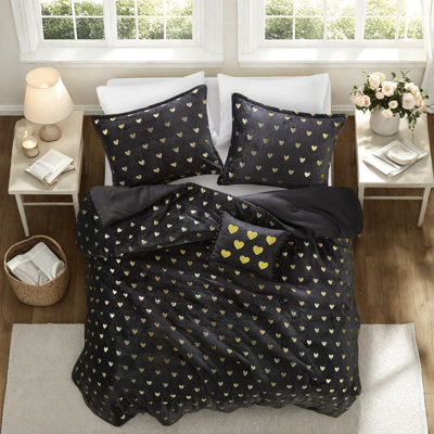 Cozy Plush Twin Bedding Sets, Black Gold Metallic Heart, Modern Home
