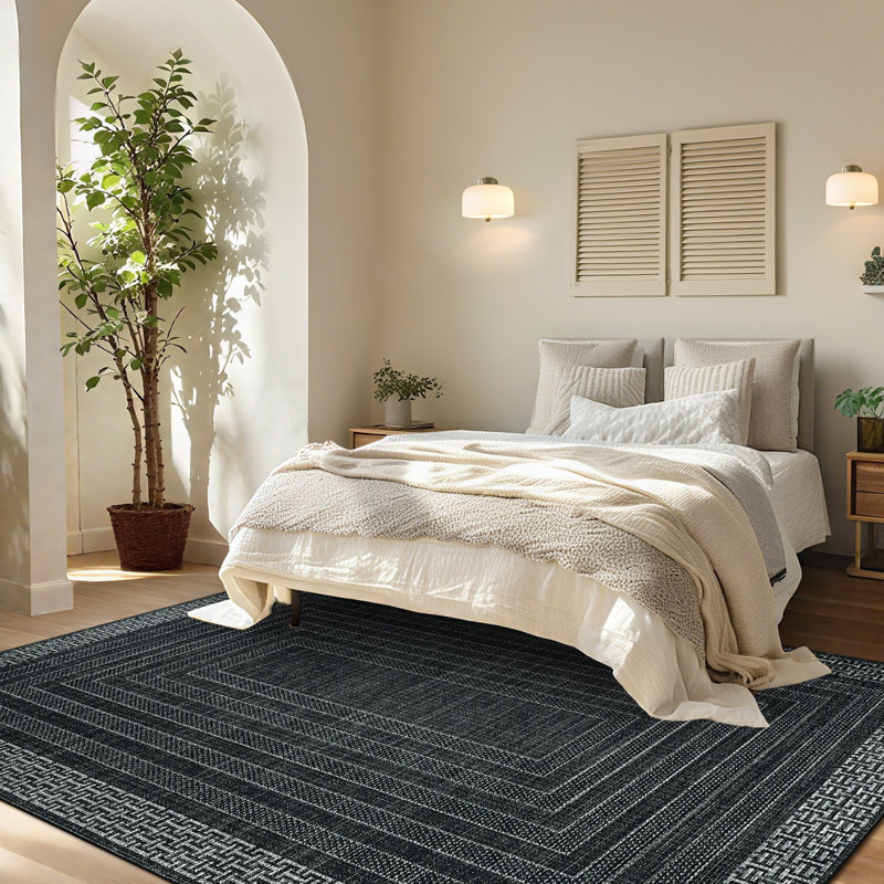 Modern Machien Washable Rugs for Living Room Ultra-Soft Geometric Bordered Indoor Rug, Non Shedding Low Pile Bedroom Carpet, Contemporary Floor Mats for Nursery