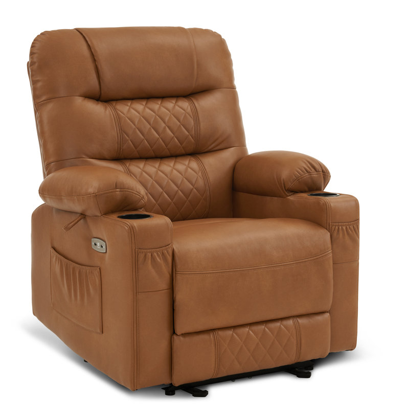 Power Recliner Chair with Heat and Massage, Cup Holder, USB Port, Faux Leather, Orange
