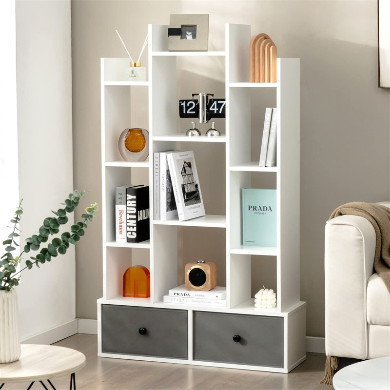 Tree Bookshelf, 7/12-Tier Wooden Bookcase Storage Shelving Unit With Folding Drawer, Freestanding Magazine Book Display Rack For Home Office Living Room (With 2 Drawers, 12-Tier)