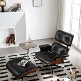 Mid Century Chaise Lounge Chair, Genuine Leather Accent Chairs, 360° Swivel Base, Wooden Shell Lounge Chair With Ottoman