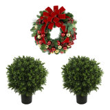26" Holiday Wreath with Two UV Rated Boxwood Drop-Ins