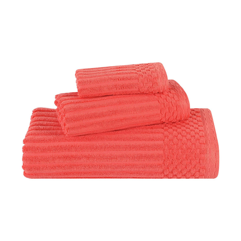 Collection de serviettes à bordure à carreaux en coton 3 pièces Soho Spa, Orange corail, Ensemble de serviettes 3 pièces