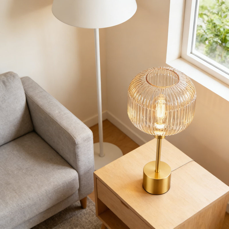Modern Table Lamp With Ribbed Glass Shade, 3-Way Dimmable Touch Control Bedside Lamp For Bedroom Or Living Room, Includes Warm 2700K LED Bulb