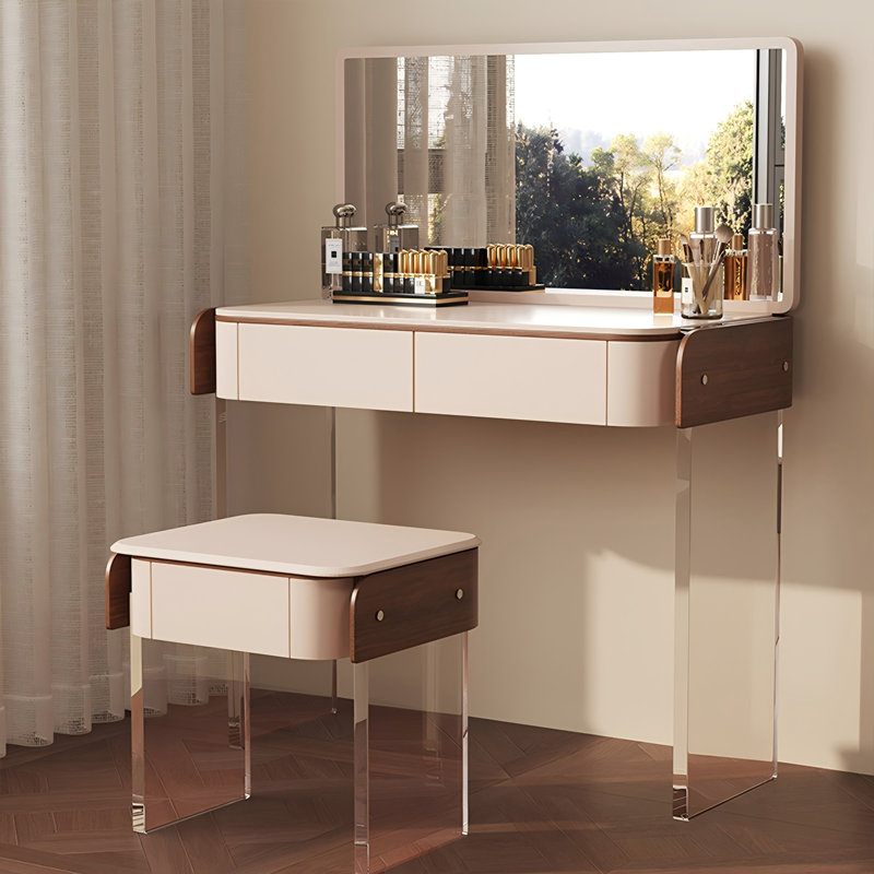 Meuble-lavabo moderne beige 35,43 po avec miroir et tabouret de maquillage