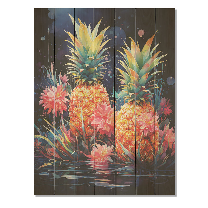 Ananas cosmique vert et jaune IV - Ananas sur bois, H 20 po x l 10 po