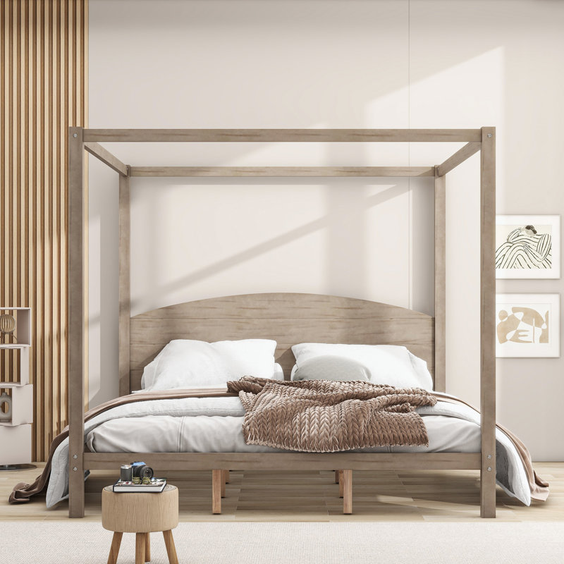 Damine Canopy Bed with Headboard and Support Legs，bed frame,platform bed, King, Brown Wash