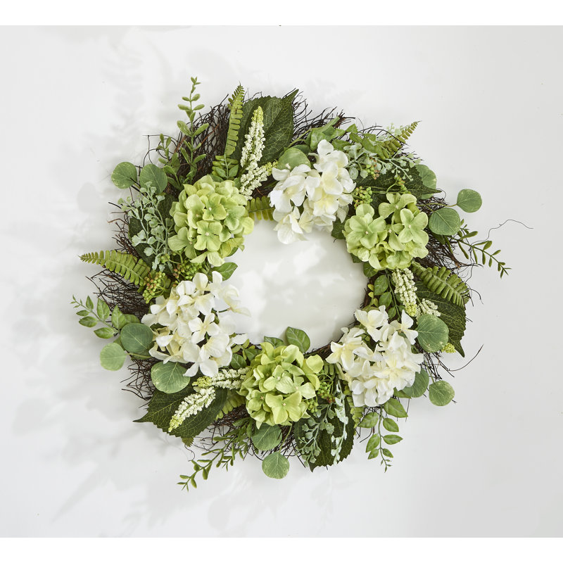 24" Artificial Hydrangea Wreath on Twig Base, White