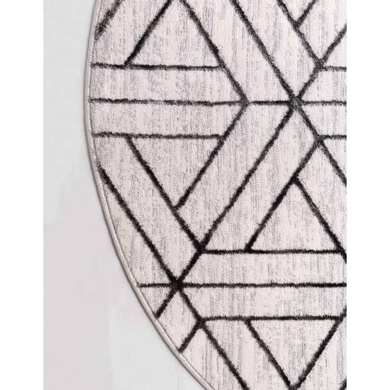 Tapis ivoire / gris à motif géométrique Rochele, Rond 7 pi