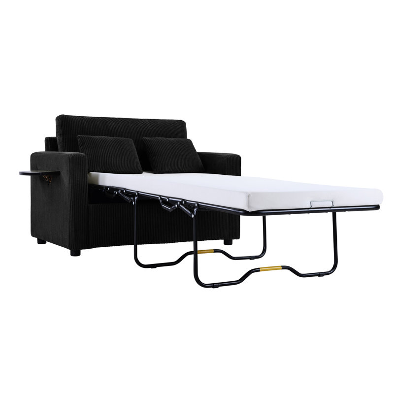 Canapé-lit simple de 47,2 po avec fonction de lit escamotable, mini table d'appoint pliable sur le bras pour les boissons, accoudoirs droits pour le port, petits objets de rangement, coussins lombaires confortables, velours côtelé doux