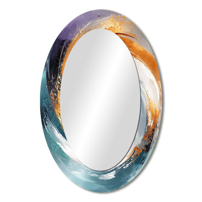 Blue And Gold Fractal Vortex II - Gold Modern Oval Wall Mirror