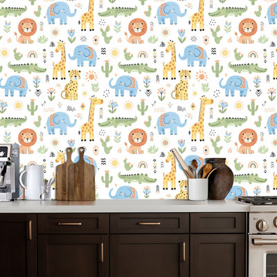 Peel and Stick Wallpaper Seamless childish cute African animals lion elephant hippo giraffe Contact Paper Removable Self Adhesive Wall Mural Wall Decor for Bedroom Kitchen Cabinets 17.7in x 118in