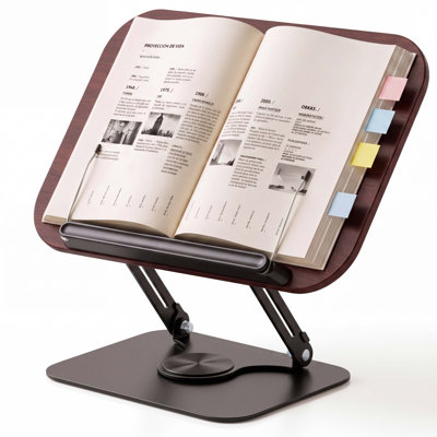 Adjustable Book Stand for Reading, 360° Rotating Book Holder with Page Clips, Height and Angle Adjustable Wooden Book Rest for Textbooks, Sheet Music,