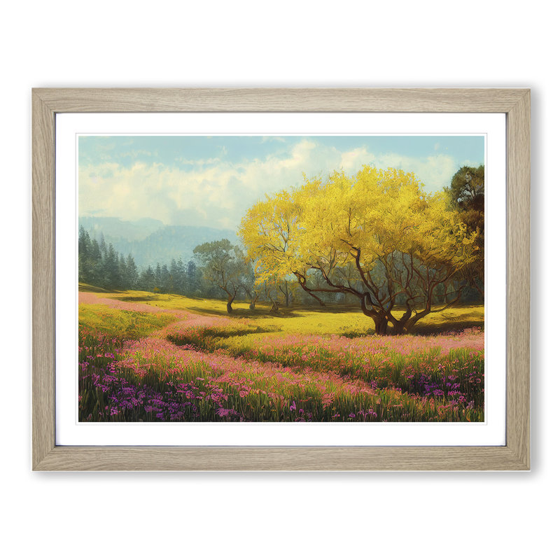 Spring Landscape Meadow - Single Picture Frame Print, 25cm H x 34cm W x 2cm D, Oak