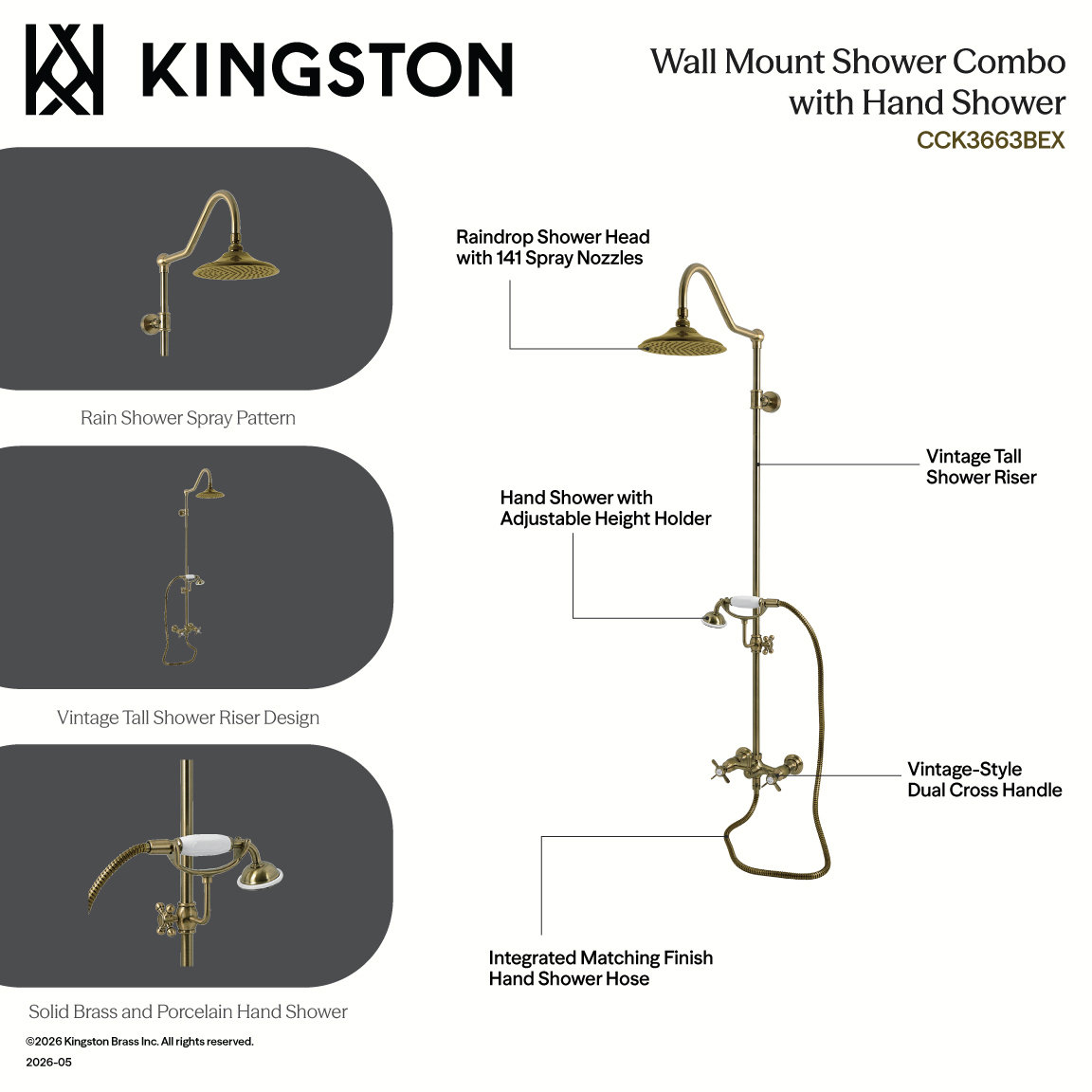 Kingston Brass Essx Wall Mount Rain Drop Shower System with Hand Shower, Antique Brass