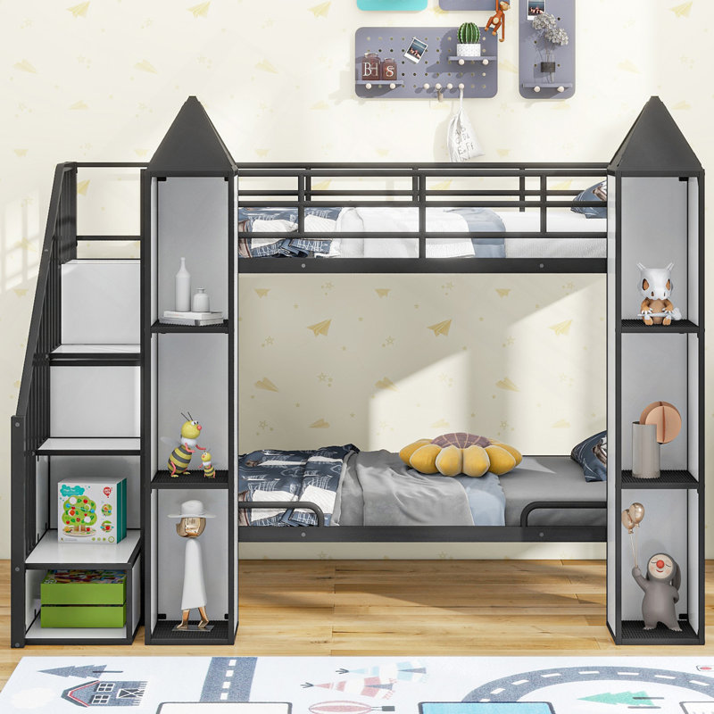 Lit superposé simple au-dessus d'un lit simple en métal avec garde-robe et rangement multiple en métal, noir et blanc