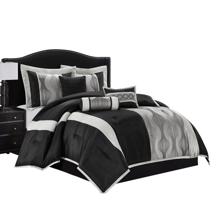 Kath 7 Piece Microfiber Modern & Contemporary Comforter Set, King Comforter + 6 Additional Pieces, Black/Silver