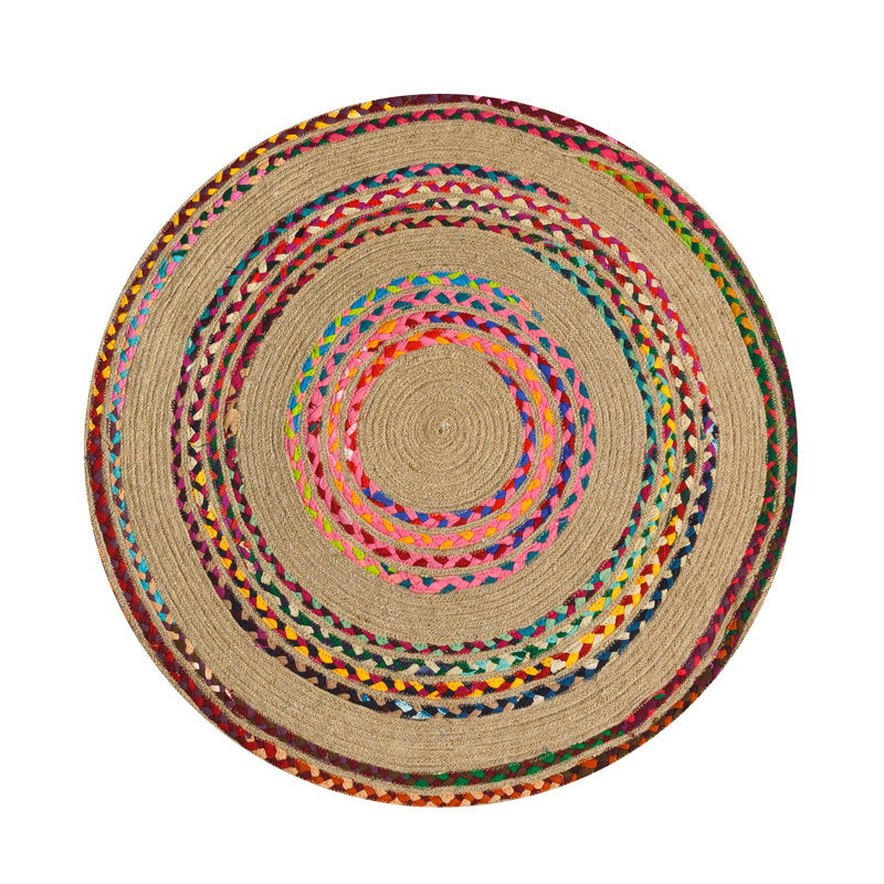 Tapis rond brun / rouge en jute tissé à la machine, Rond 2 pi 11 po