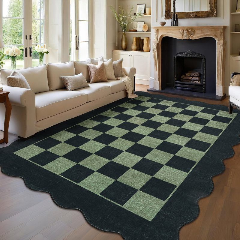 Washable Scalloped Rug Modern Checkerboard Rug Non Slip, Soft Non Shedding Thin Carpet, Indoor Low Pile Foldable Carpet, Contemporary Printed Mat for Living Room Bedroom