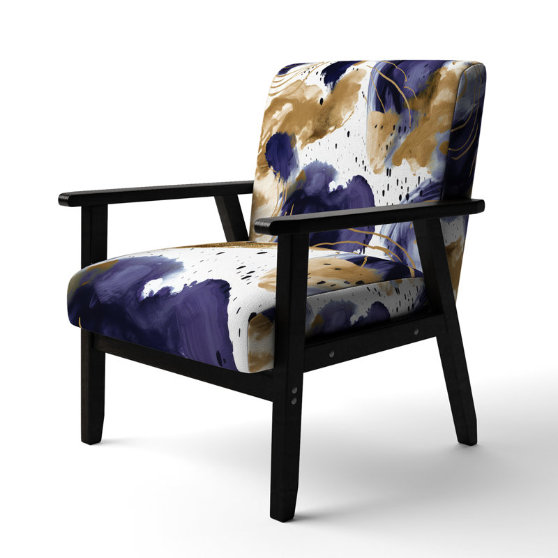 Fauteuil rembourré en velours moderne à motif abstrait avec textures bleues et dorées II, Mauve / beige / blanc / or, Noir