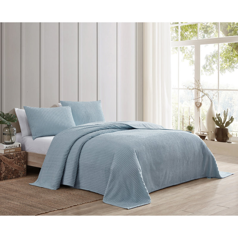 Channel Striped Cotton Coverlet, Full Coverlet, Blue