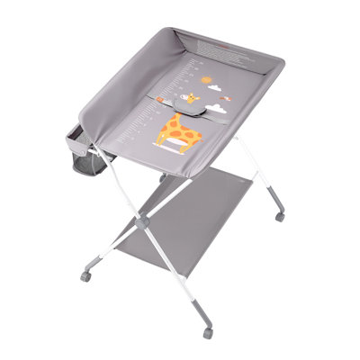Foldable Baby Changing Station with Side Basket & Wheels, Adjustable Height, Light Ash