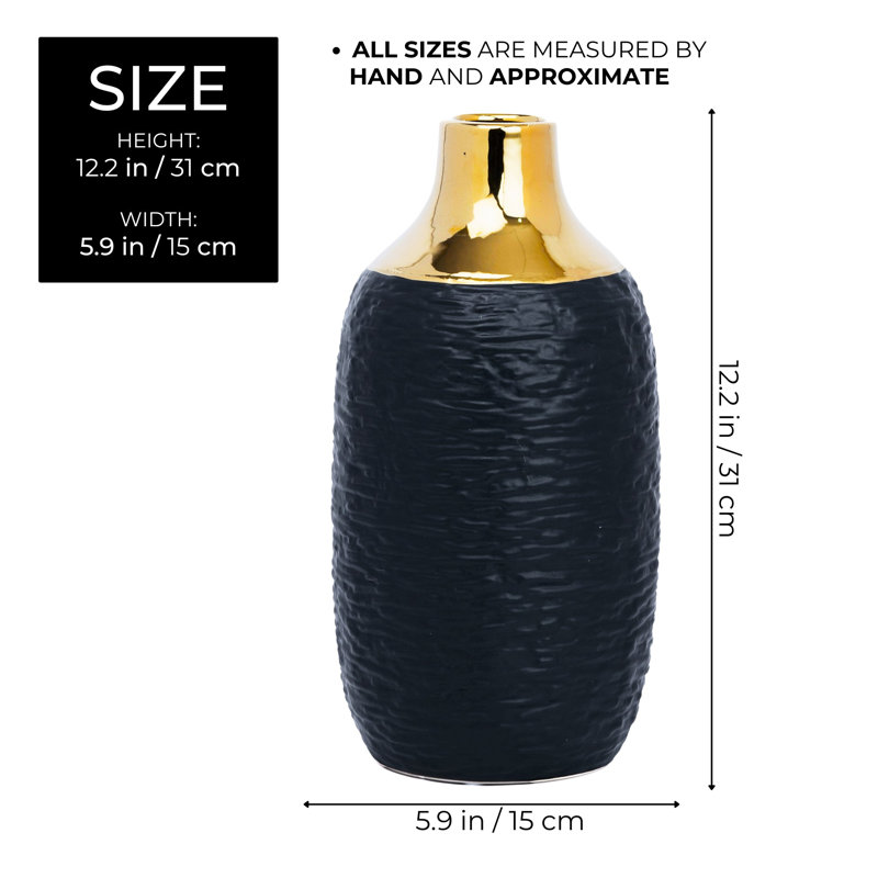Maysha Golden Rimmed Ceramic Vase For Modern & Bohemian Decor, Black