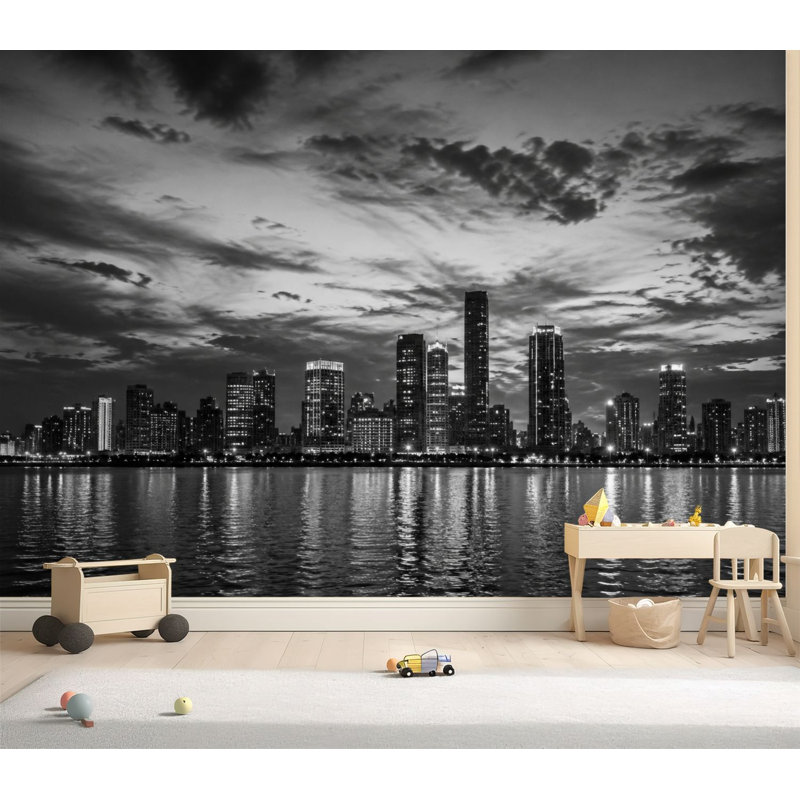 Papier peint adhésif autocollant amovible noir et blanc Chicago Skyline, L 69 po x l 96 po