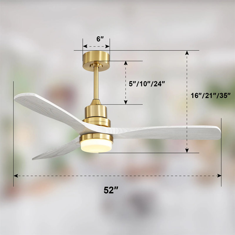 Indoor 52 Inch Ceiling Fan With Dimmable Led Light 6 Speed Remote Gold 3 Wood Blade Reversible DC Motor For Living Room, Gold