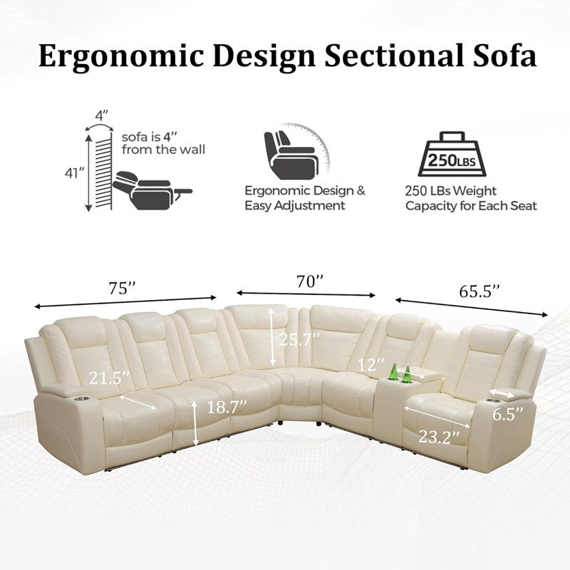 Airflow Leather 3-Piece Reclining Sofa Set With Wireless Charging & Center Console, Off White Faux Leather