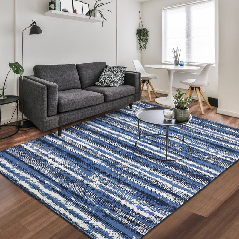 Tapis bleu / blanc en polyester tissé à la machine Yader Southwestern, Rectangle 8 pi x 10 pi