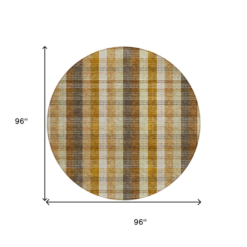 Tapis rond lavable à carreaux ivoire et brun 8 pi