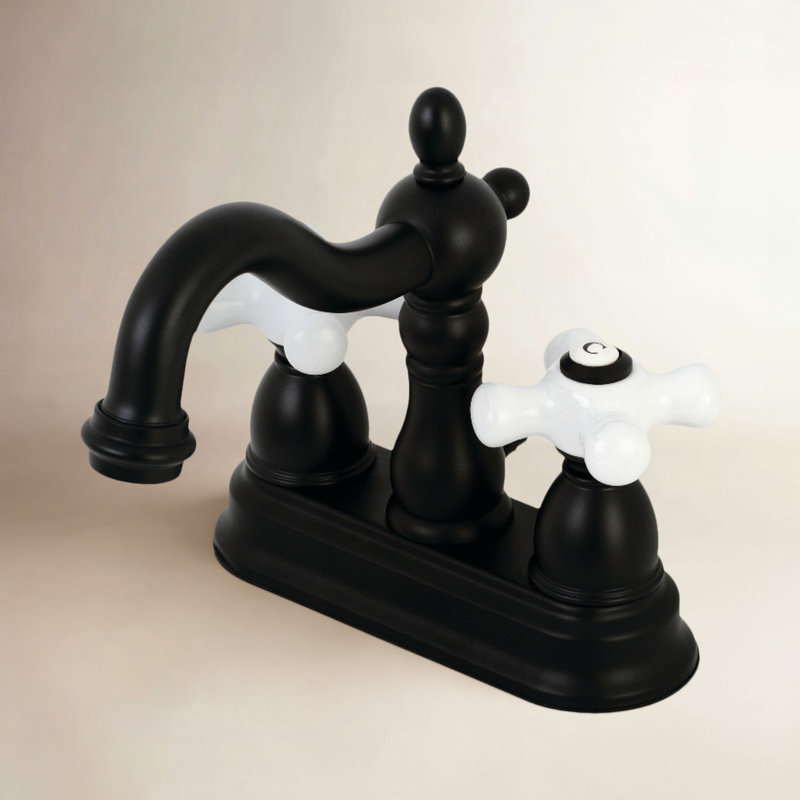 Kingston Brass Heritage Two-Handle 3-Hole Deck Mount 4" Centerset Bathroom Faucet with Plastic Pop-Up, Matte Black