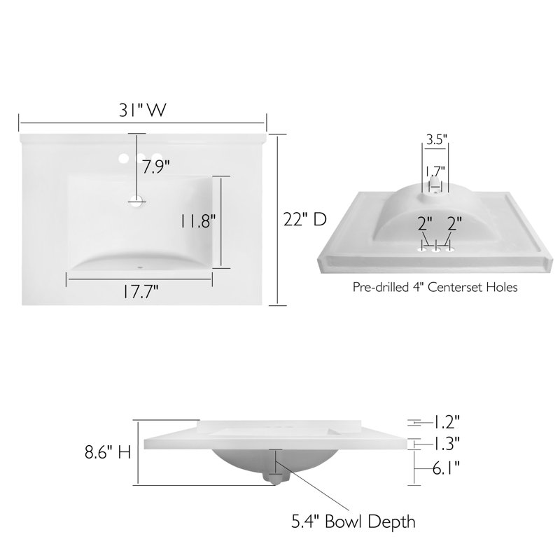 31 Inch Camilla Modern Vanity Top with Backsplash, Solid White