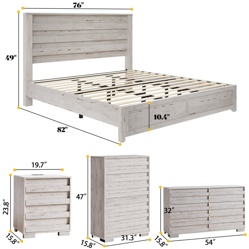  Ensemble de chambre à coucher avec très grand lit de 5 pièces Louby, blanc vieilli, Très grand, Blanc vieilli