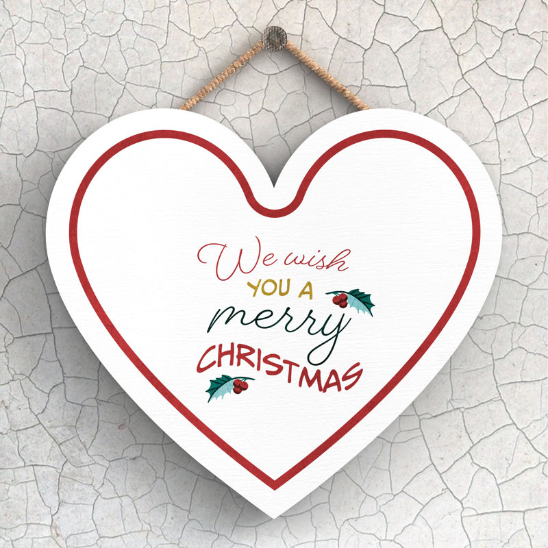 Xmas We Wish You a Merry Christmas Wooden Heart Plaque, 16cm H x 17cm W x 0.9cm D
