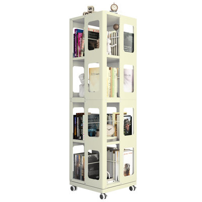 New Style White 4 All Rotating Book Rack, 360 Wheels, Adjustable Shelf, Smooth Movement, Saves Home Space Bookshelf With Yellow, Spacious, Arc-Shaped Corners, Office
