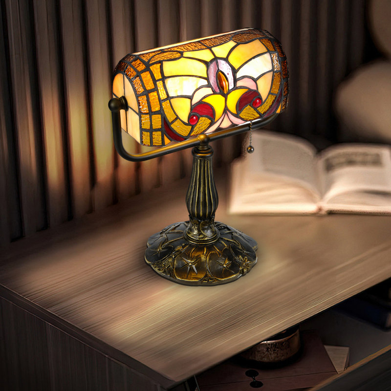 Elegant Tiffany Banker Desk Lamp - Handmade Stained Glass Adjustable Piano Light with 8W LED Bulb, pull chain Switch, Vintage Decor for Office, Bedroom & Living Room