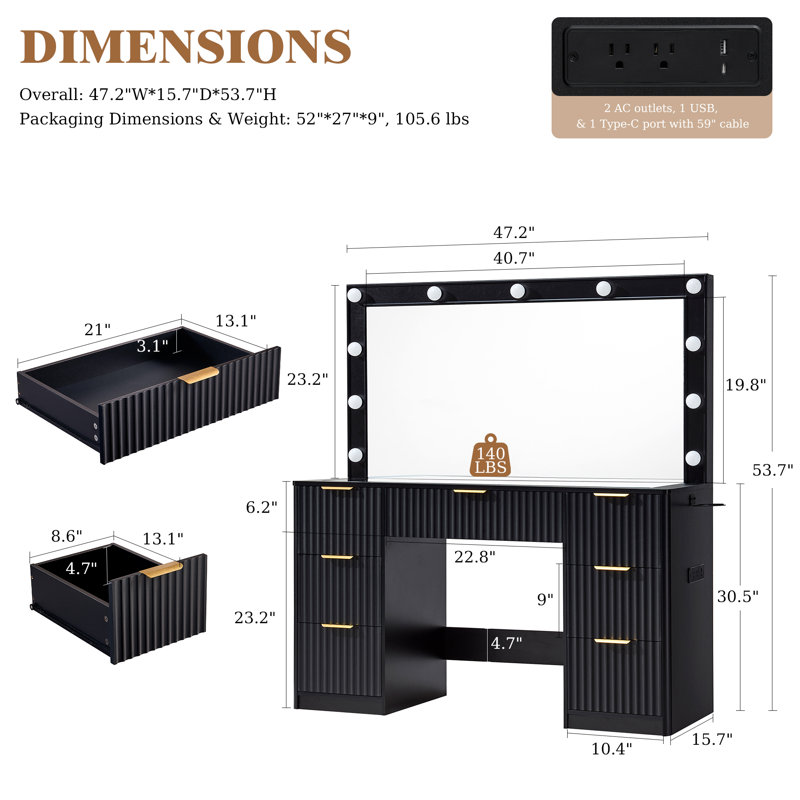 47" Large Black Fluted Vanity Desk With Mirror & Adjustable Led Lights, Black