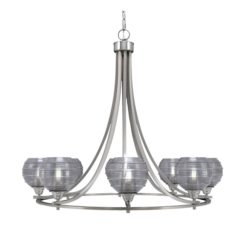 Lustre 8 lumières avec verre nervuré 6 "Paramount, Clair, Nickel brossé