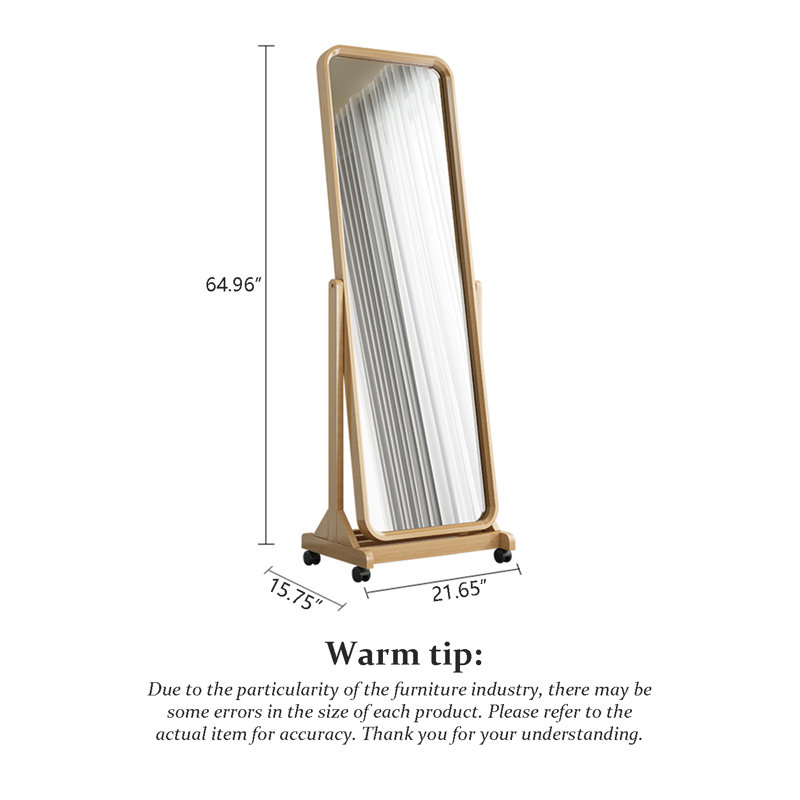 Miroir moderne ajustable à cadre plein en bois d'hévéa minimaliste pouvant être déplacé, Bois naturel