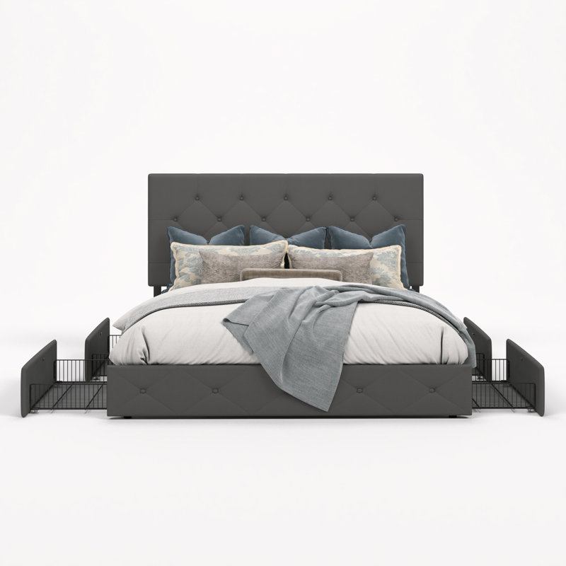 Lit plateforme avec rangement Silvester, Grand, Polyester à capitonnage à losanges gris foncé