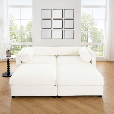 Stylish Chenille 2-Seater Sofa With 2 Ottoman Storage Seat, Cylindrical Backrest And Armrests, Modern Fabric Loveseat Featuring Hidden Storage Space