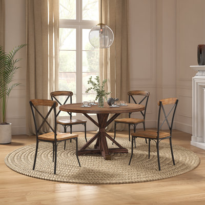 Diskin Rustic X-Base Round Pine Finish Dining Table Set - Table And 4 X-Back Metal Chairs
