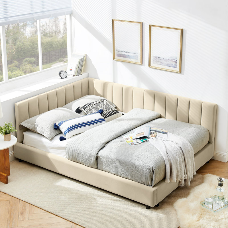 Full Size Upholstered Tufted Bed Frame, Sofa Bed Frame With Comfortable Backrest And Armrests, Full Size Bed For Bedroom, Living Room,Velvet-Beige(81''*60''*29.5'')