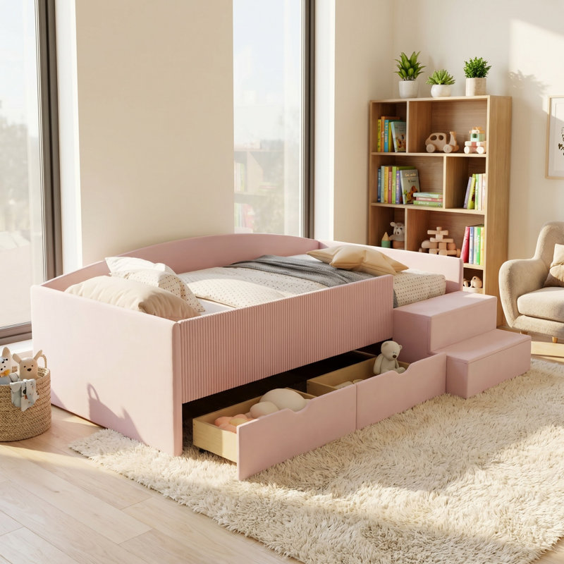 Structure de lit de jour rembourrée avec tiroirs de rangement, lit plateforme moderne pour chambre d'enfant peu encombrante
