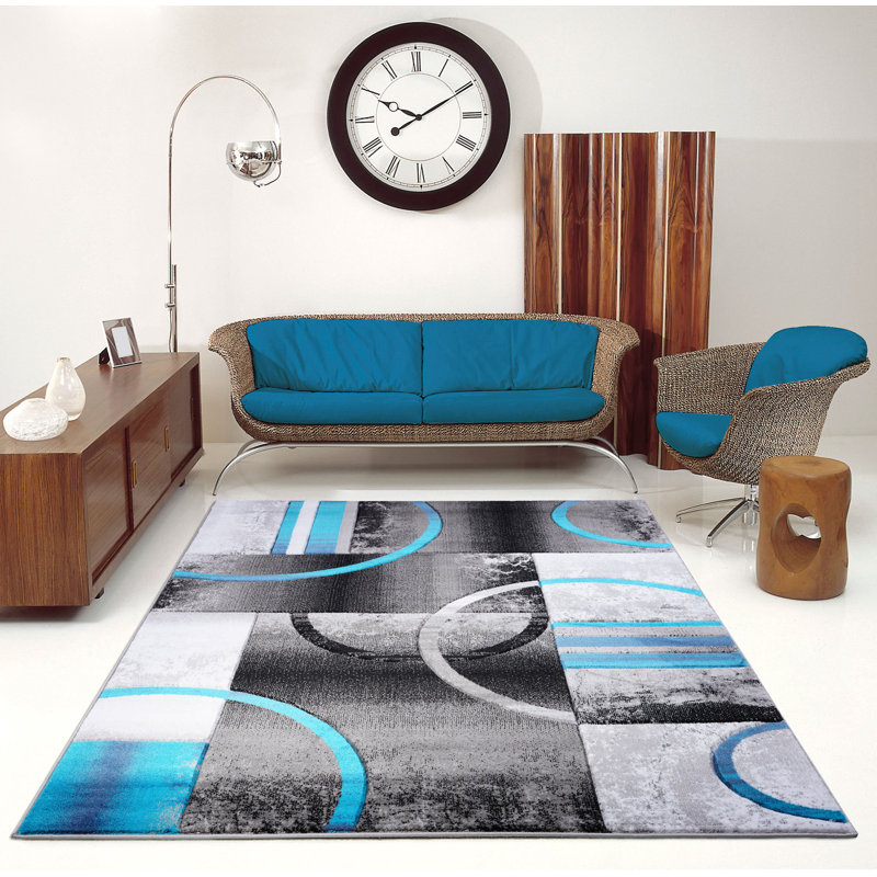 Tapis gris et bleu à motif géométrique Collier, Tapis de couloir 2 pi 7 po x 9 pi 1 po