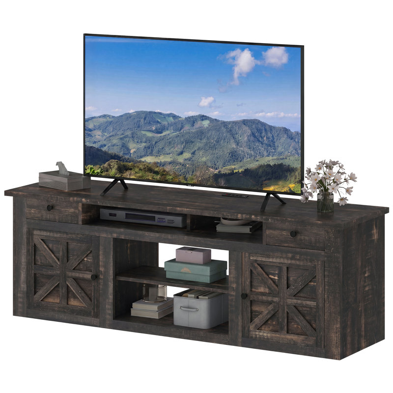 70"W Farmhouse TV Stand for TVs up to 80" with Power Outlet, Dark Rustic Oak, 30" H x 70" W x 15.5" D
