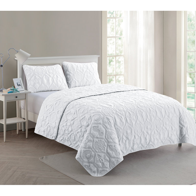 Ensemble de courtepointe gaufrée 3 pièces Shore, Courtepointe grand + 2 couvre-oreillers standard, Blanc neige