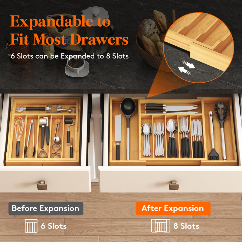 Rangement de tiroir Silverware, plateau à ustensiles extensible pour la cuisine, porte-couverts et couverts en bambou, rangement réglable en bois pour cuillères, couteaux, grand, naturel